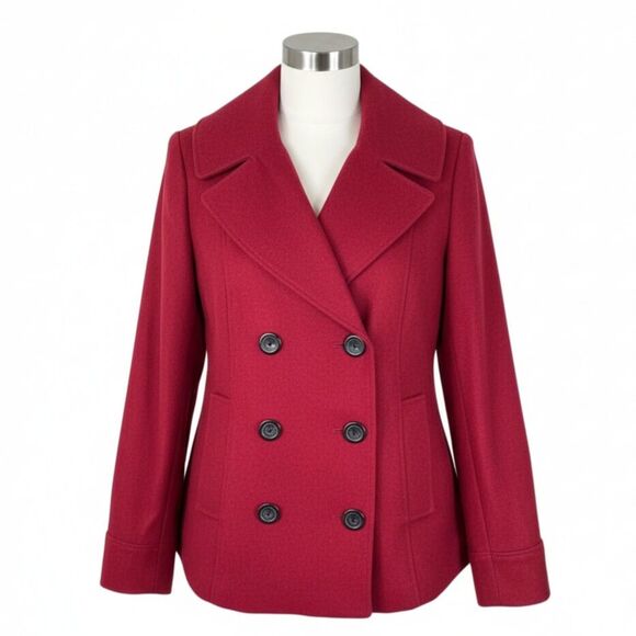 Merona Maroon Red Wool Double-Breasted Lined Winter Blazer Pea Coat Pockets Sz M - Picture 3 of 10